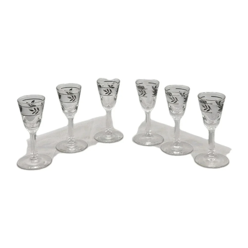 Set of 6 Clear Cordial Shot Glasses Silver Leaf Etched‎ Design